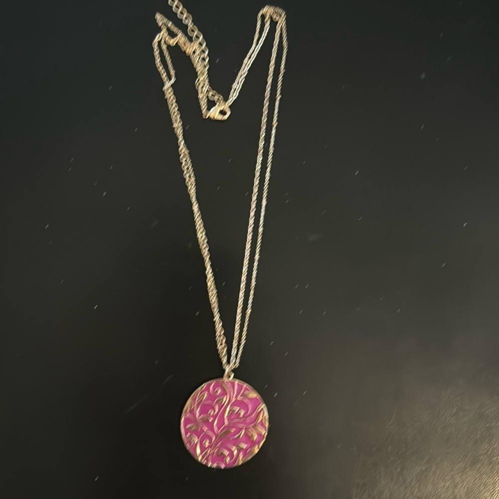 Double chain gold necklace with pink and gold circle